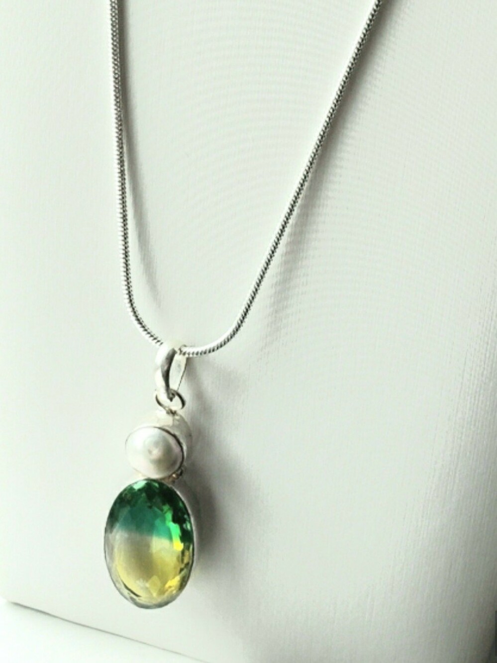Green/yellow Bicolor Tourmaline & L. Pearl 925 Silver On Long Silver Snake Chain